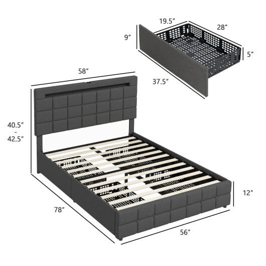 Upholstered LED Bed Frame with Headboard and 4 Drawers-Full Size - Color: Gray - Size: Full Size D681-HU10556GR-F