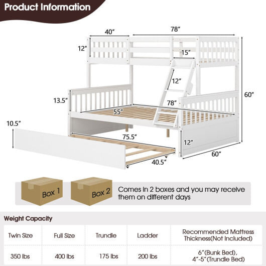 Twin Over Full Convertible Bunk Bed with Twin Trundle-White - Color: White - Size: Twin Size D681-HU10397WH+