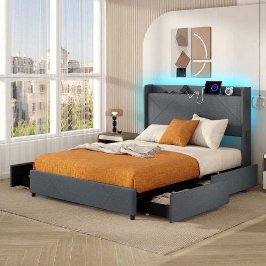 Full/Queen Size Bed Frame with LED Lights and Charging Station-Queen Size - Color: Gray - Size: Que D681-HU10582GR-Q