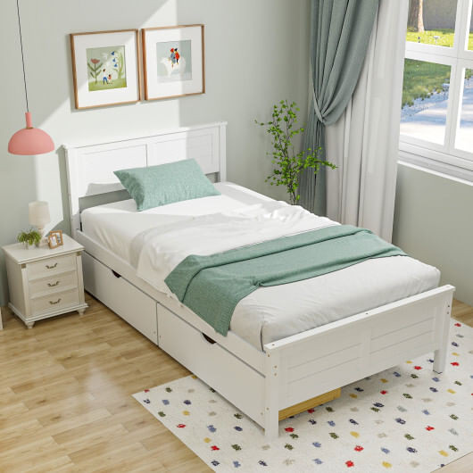 Twin Size Bed Frame with Storage Drawers-White - Color: White - Size: Twin Size D681-HU10561WH-T