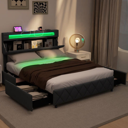 Full/Queen Size Bed Frame with Adjustable Storage Headboard and Wooden Slat Support-Full - Color: G D681-HU10583GR-F