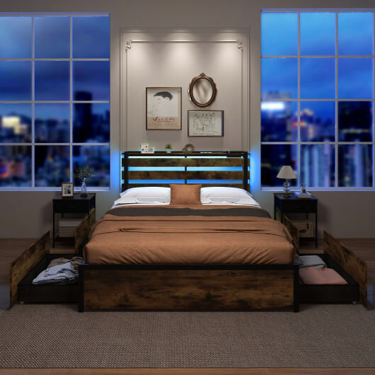 Full/Queen/Twin Size Bed Frame with Drawers LED Lights and USB Ports-Queen Size - Color: Rustic Bro D681-HU10699CF-Q