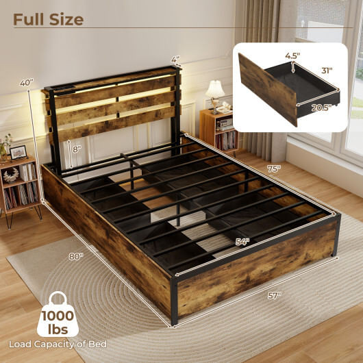 Full/Queen/Twin Size Bed Frame with Drawers LED Lights and USB Ports-Full Size - Color: Rustic Brow D681-HU10699CF-F