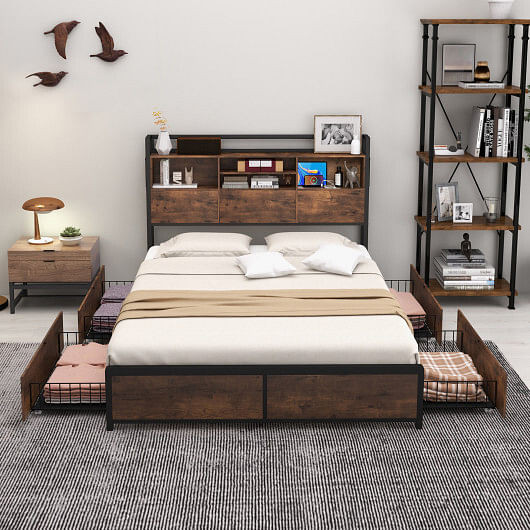 Full/Queen Size Bed Frame with Bookcase Headboard and 4 Storage Drawers-Full Size - Color: Rustic B D681-HU10618US-F+