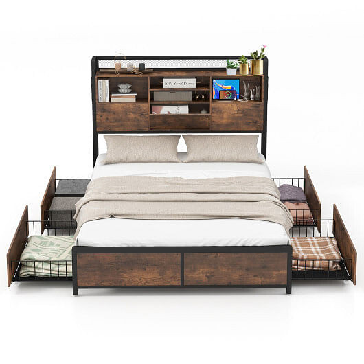 Full/Queen Size Bed Frame with Bookcase Headboard and 4 Storage Drawers-Full Size - Color: Rustic B D681-HU10618US-F+