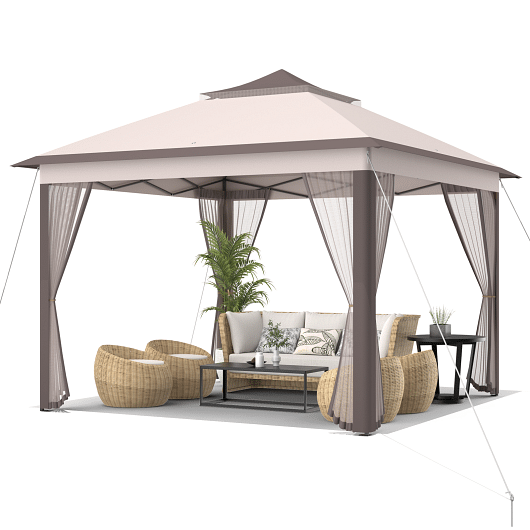 2-Tier Pop-Up Gazebo Tent Portable Canopy Shelter Carry Bag Mesh-Beige - Color: Beige D681-NP10470BE