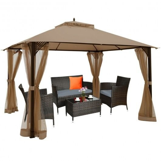 12 x 10 Feet Outdoor Double Top Patio Gazebo with Netting-Brown - Color: Brown D681-OP70382CF