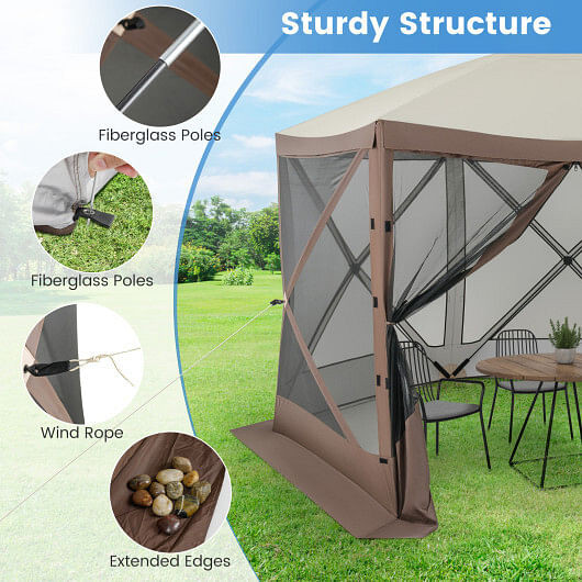 Pop-up Gazebo 6-sided Instant Setup Screen House Hub Tent with Mesh Netting Walls-Coffee - Color: C D681-NP12072CF