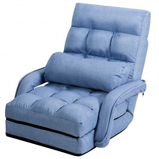Folding Lazy Floor Chair Sofa with Armrests and Pillow-Blue - Color: Blue D681-HW56730BL