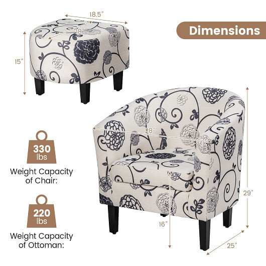 Modern Accent Tub Chair and Ottoman Set with Fabric Upholstered-Beige - Color: Beige D681-JV11600BE