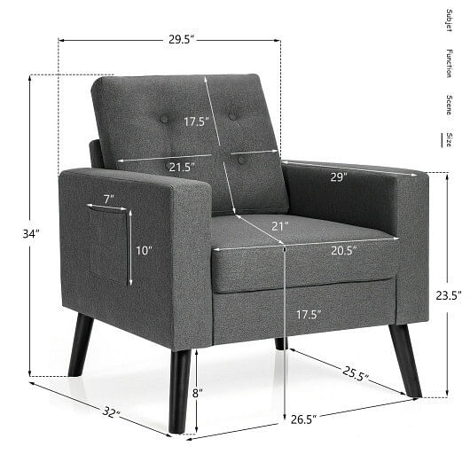 Mid-Century Upholstered Armchair Club Chair with Rubber Wood Legs-Gray - Color: Gray D681-HV10041GR