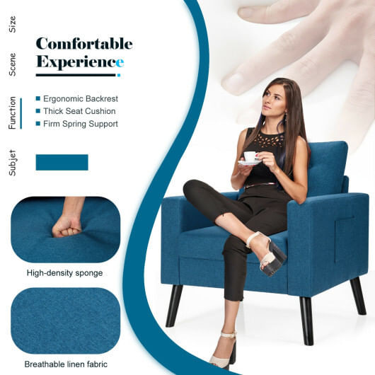 Mid-Century Upholstered Armchair Club Chair with Rubber Wood Legs-Blue - Color: Blue D681-HV10041NY