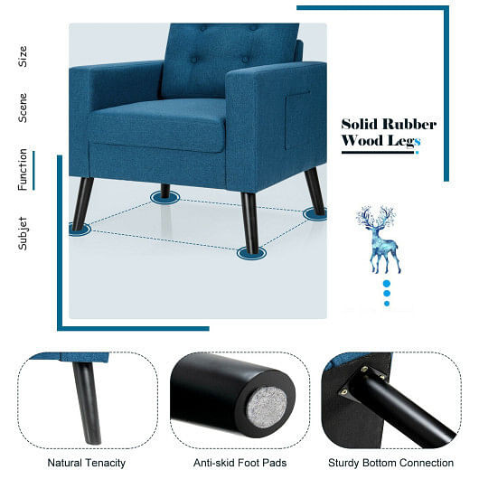 Mid-Century Upholstered Armchair Club Chair with Rubber Wood Legs-Blue - Color: Blue D681-HV10041NY