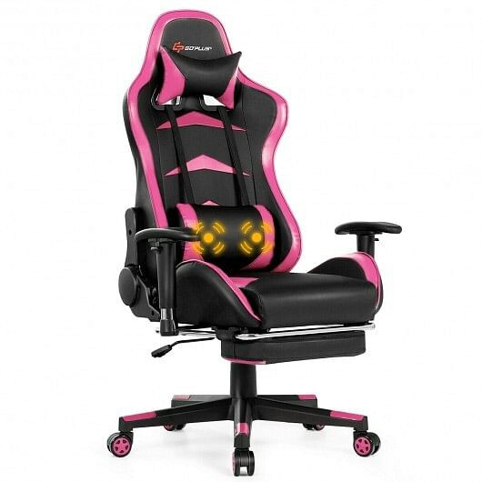 Massage Gaming Chair with Footrest-Pink - Color: Pink D681-HW66330PI