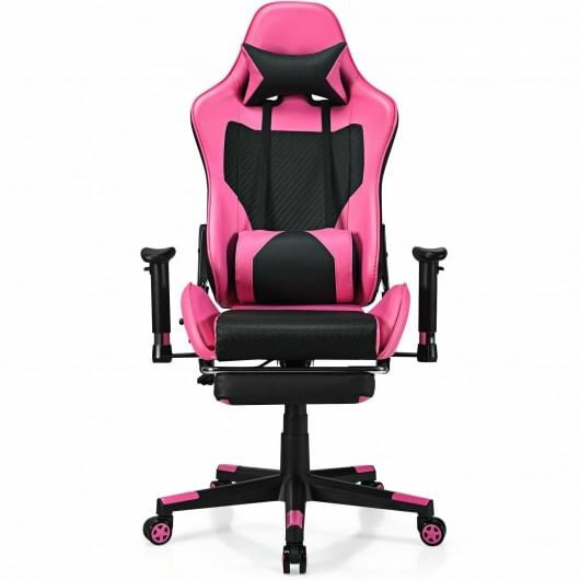 PU Leather Gaming Chair with USB Massage Lumbar Pillow and Footrest -Pink - Color: Pink D681-HW66628PI