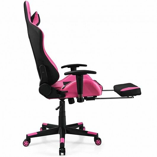 PU Leather Gaming Chair with USB Massage Lumbar Pillow and Footrest -Pink - Color: Pink D681-HW66628PI