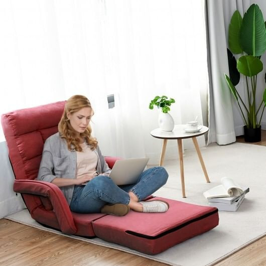 Folding Lazy Floor Chair Sofa with Armrests and Pillow-Red - Color: Red D681-HW56730RE