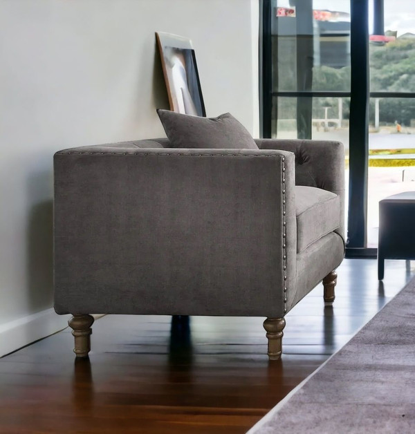 41" Gray And Brown Velvet Tufted Arm Chair And Toss Pillow N270-491114