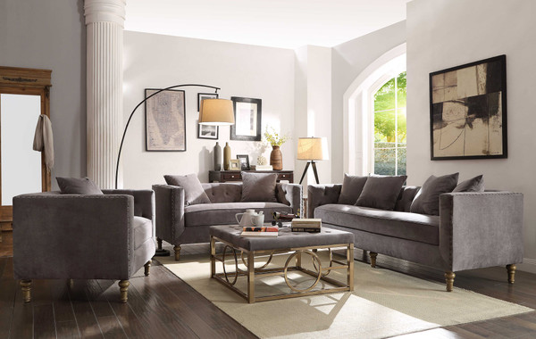 41" Gray And Brown Velvet Tufted Arm Chair And Toss Pillow N270-491114