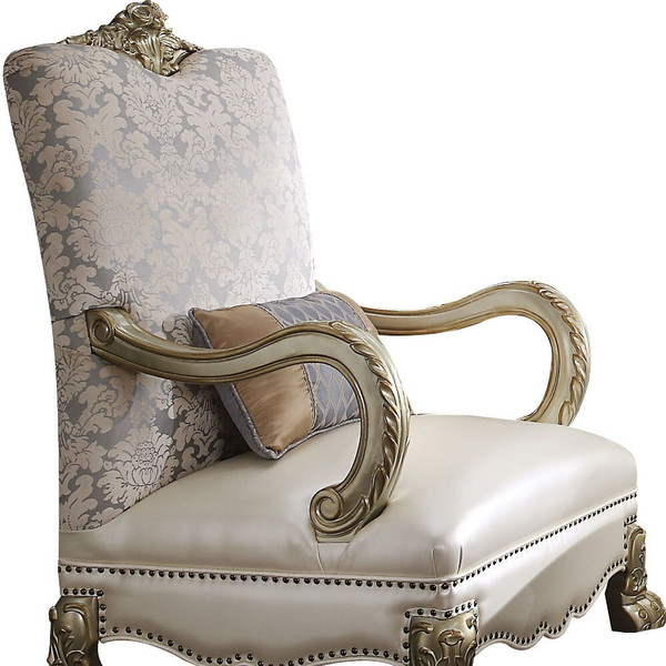 34" Pearl and Gold Faux Leather Damask Arm Chair N270-515786
