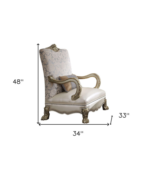 34" Pearl and Gold Faux Leather Damask Arm Chair N270-515786