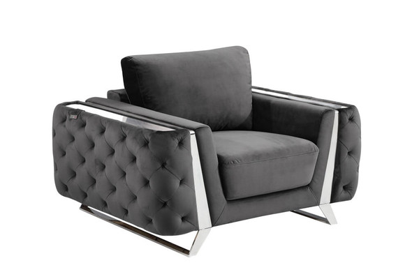 50" Dark Gray and Silver Velvet Tufted Arm Chair N270-518575