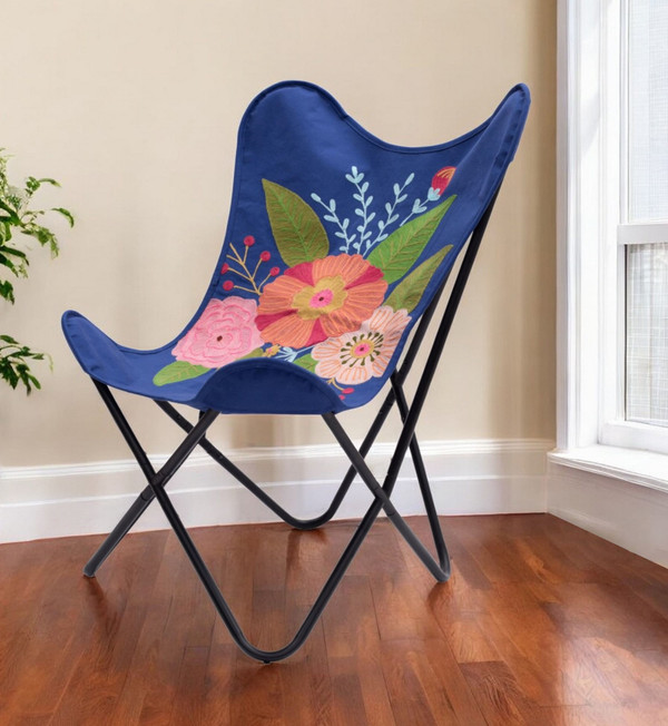 26" Blue And Black Tropical Oversized Flowers Butterfly Chair N270-556462