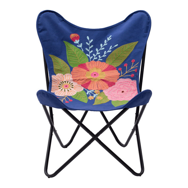 26" Blue And Black Tropical Oversized Flowers Butterfly Chair N270-556462