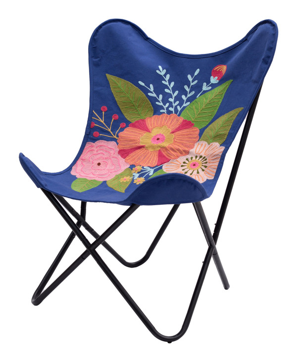 26" Blue And Black Tropical Oversized Flowers Butterfly Chair N270-556462