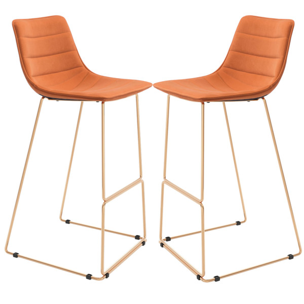 Set of Two 30" Orange And Gold Velvet And Steel Bar Height Bar Chairs N270-555758