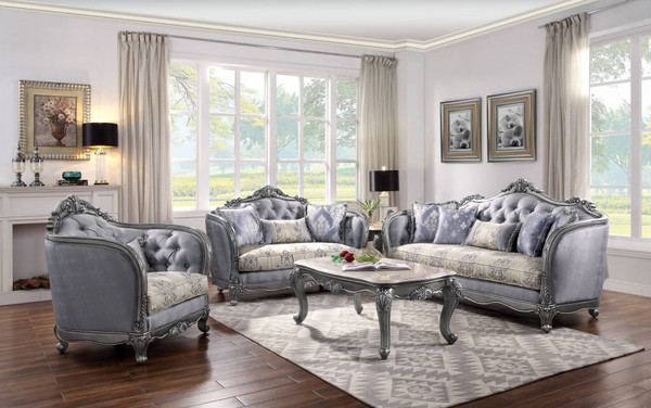 43" Light Gray Fabric And Platinum Floral Tufted Arm Chair N270-515799