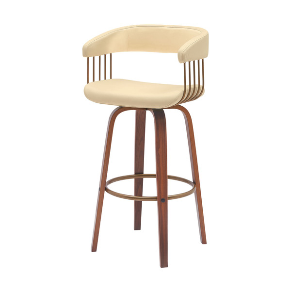 31" Cream And Wood Brown Faux Leather Swivel Bar Height Bar Chair N270-534469