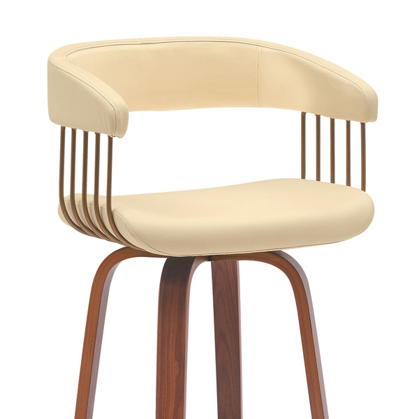 31" Cream And Wood Brown Faux Leather Swivel Bar Height Bar Chair N270-534469