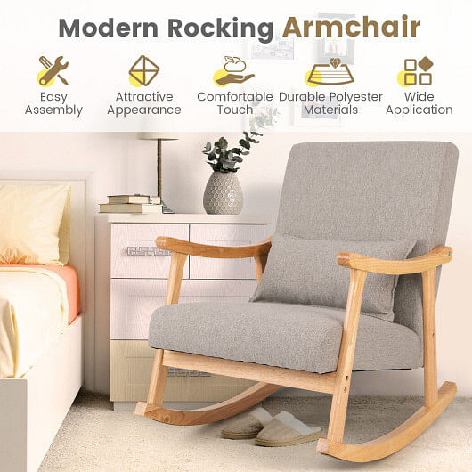 Upholstered Rocking Chair with Pillow and Rubber Wood Frame-Gray - Color: Gray D681-JV10712GR
