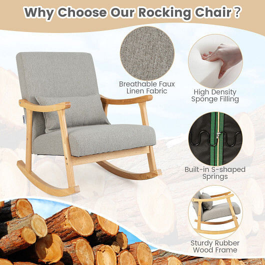 Upholstered Rocking Chair with Pillow and Rubber Wood Frame-Gray - Color: Gray D681-JV10712GR