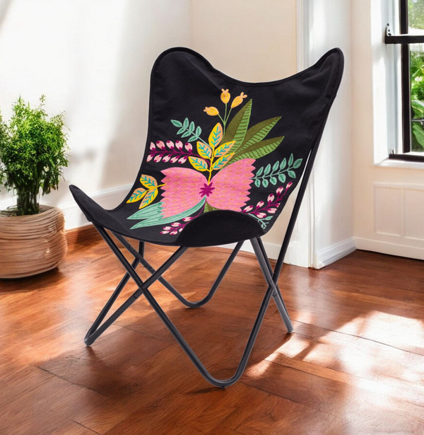 26" Black With Tropical Flowers Butterfly Chair N270-556450