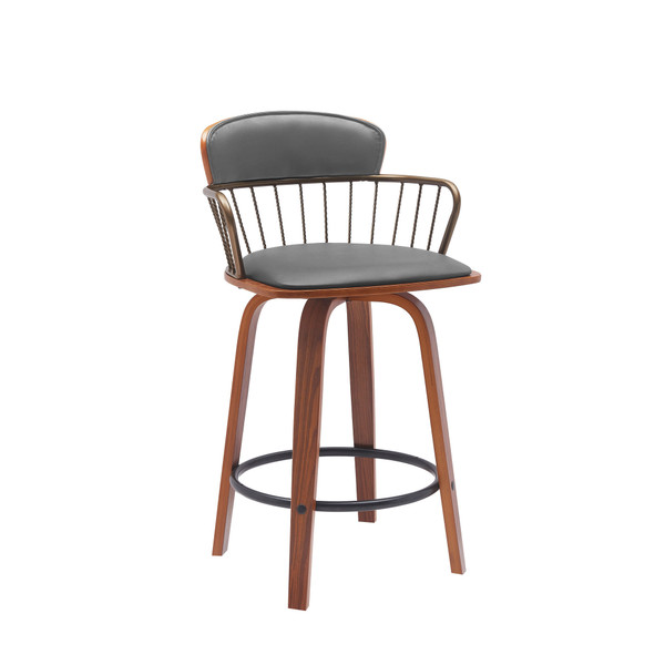26" Gray And Wood Brown Faux Leather Swivel Low Back Counter Height Bar Chair N270-534441