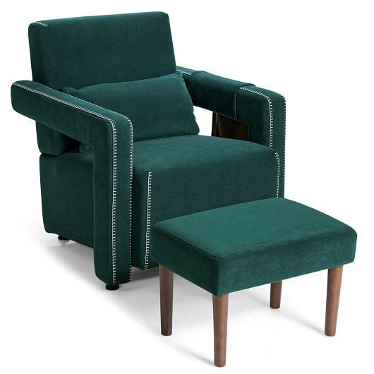 Modern Berber Fleece Single Sofa Chair with Ottoman and Waist Pillow-Green - Color: Green D681-HV10107GN