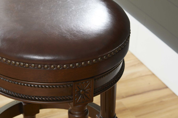 31" Wood Brown Faux Leather And Solid Wood Swivel Backless Counter Height Bar Chair N270-380065