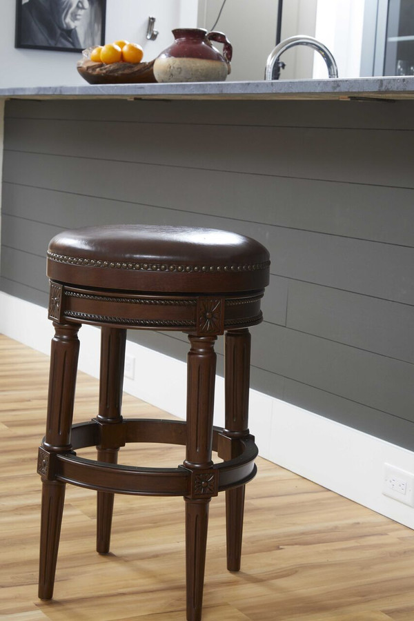 31" Wood Brown Faux Leather And Solid Wood Swivel Backless Counter Height Bar Chair N270-380065