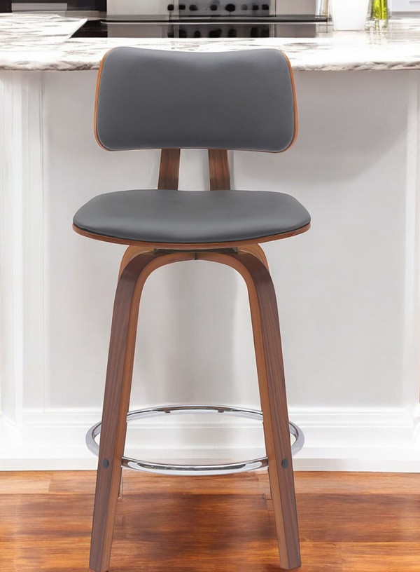 26" Gray And Wood Brown Faux Leather Swivel Low Back Counter Height Bar Chair N270-534430