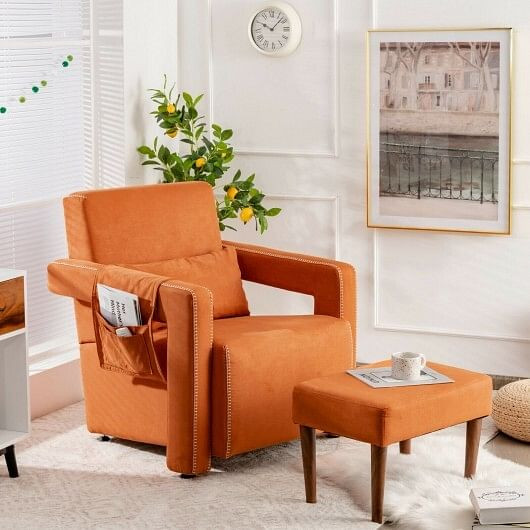 Modern Berber Fleece Single Sofa Chair with Ottoman and Waist Pillow-Orange - Color: Orange D681-HV10107OG
