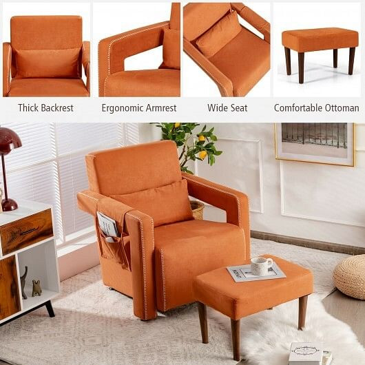 Modern Berber Fleece Single Sofa Chair with Ottoman and Waist Pillow-Orange - Color: Orange D681-HV10107OG