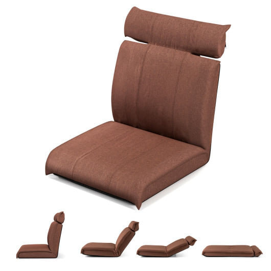 Folding Floor Chair with 14-Poistion Adjustable Backrest and 5-Position Adjustable Headrest-Brown - D681-HV10543CF