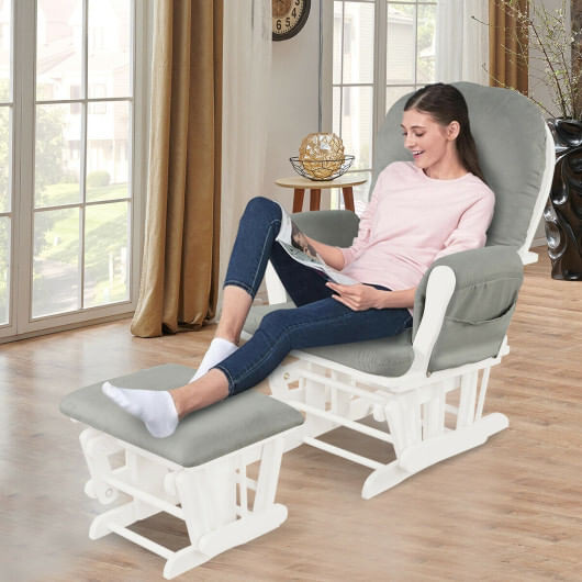 Wood Glider and Ottoman Set with Padded Armrests and Detachable Cushion-Light Gray - Color: Light G D681-JV10394SL