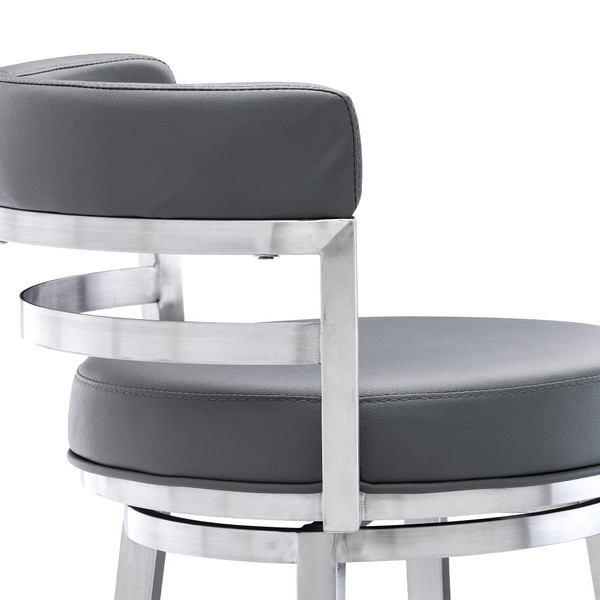 26" Gray And Silver Faux Leather And Iron Swivel Low Back Counter Height Bar Chair N270-477138