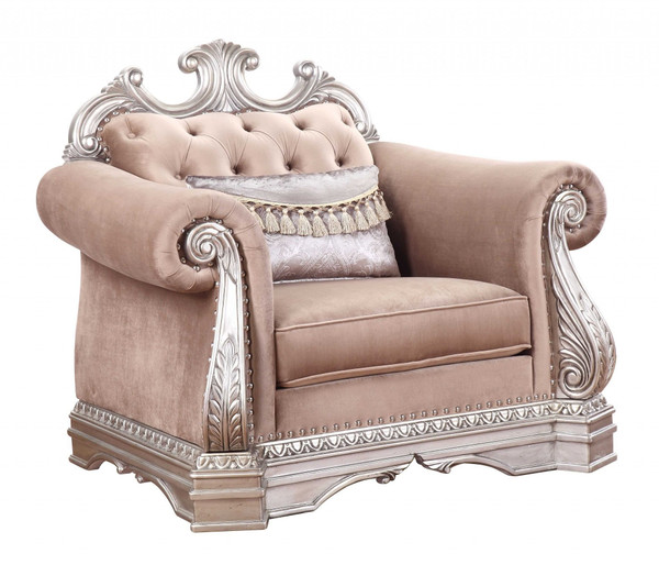 42" Cherry Blossom Pink And Silver Velvet Tufted Arm Chair And Toss Pillow N270-347294