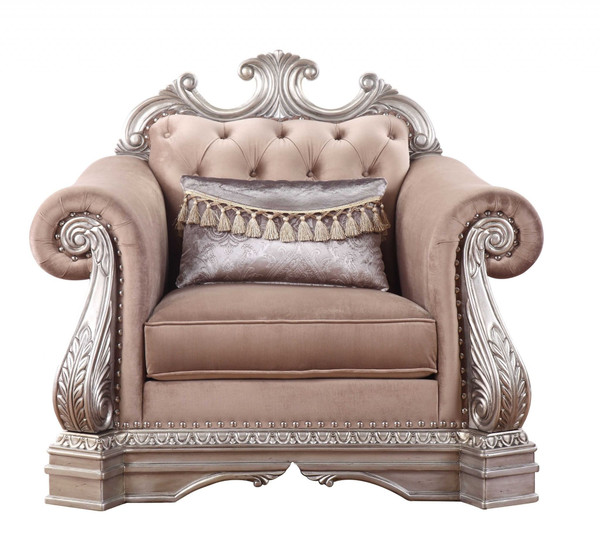 42" Cherry Blossom Pink And Silver Velvet Tufted Arm Chair And Toss Pillow N270-347294