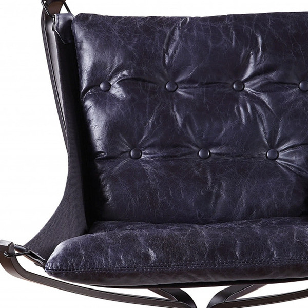 30" Vintage Blue Top Grain Leather And Steel Solid Color Lounge Chair N270-486575