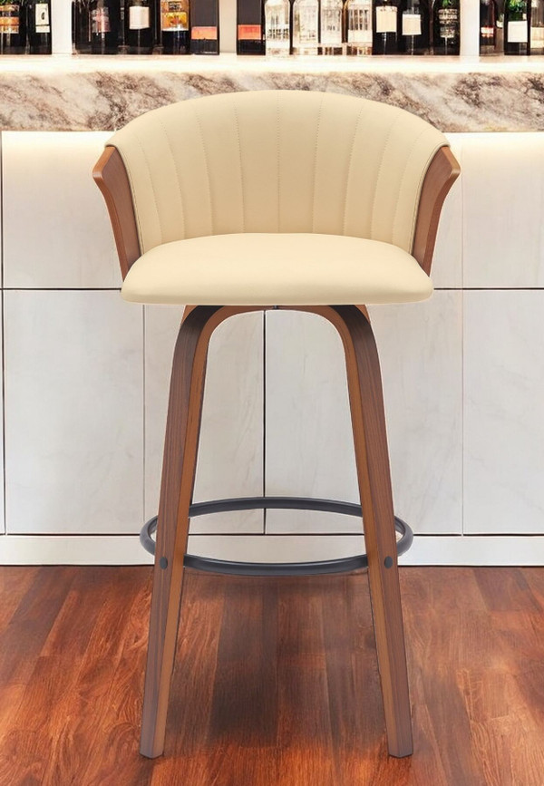 30" Cream And Wood Brown Faux Leather Swivel Bar Height Bar Chair N270-534422